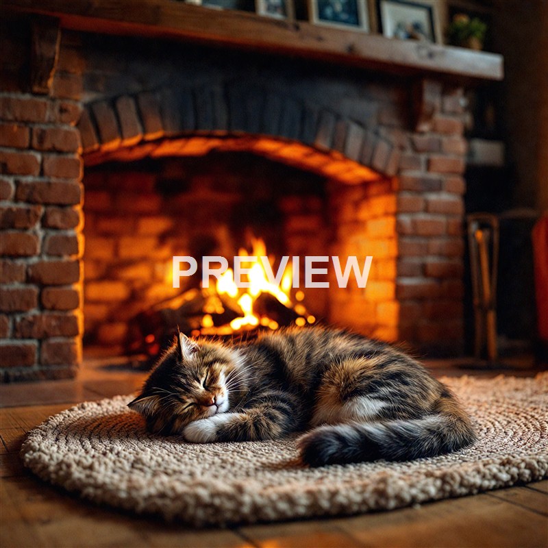 A tabby cat is peacefully sleeping on a round rug in front of a warm fireplace with a visible flame, creating a cozy atmosphere.
